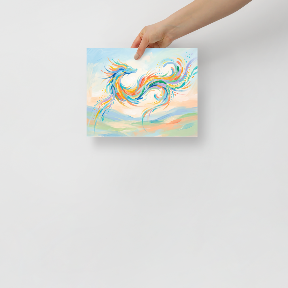 Vibrant pastel painting of a colorful celestial dragon dancing in the sky, perfect wall art for a bedroom. Shown here as the Expressionism print 'Celestial Dragon'.