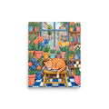 'Flower Shop Naps'. Cozy naive art print of a sleeping ginger tabby cat surrounded by potted tulips in a flower shop window, perfect for a sunroom. Offered as a Naive art print.