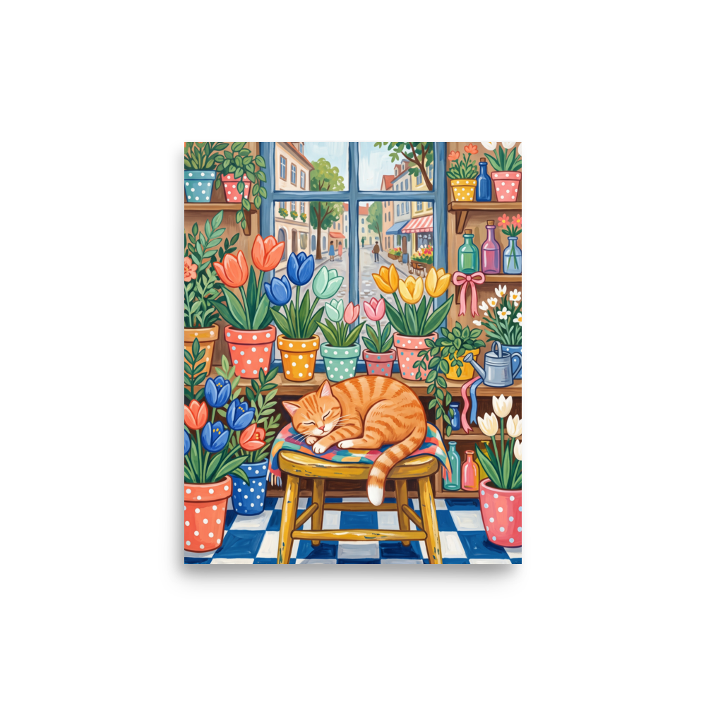 'Flower Shop Naps'. Cozy naive art print of a sleeping ginger tabby cat surrounded by potted tulips in a flower shop window, perfect for a sunroom. Offered as a Naive art print.