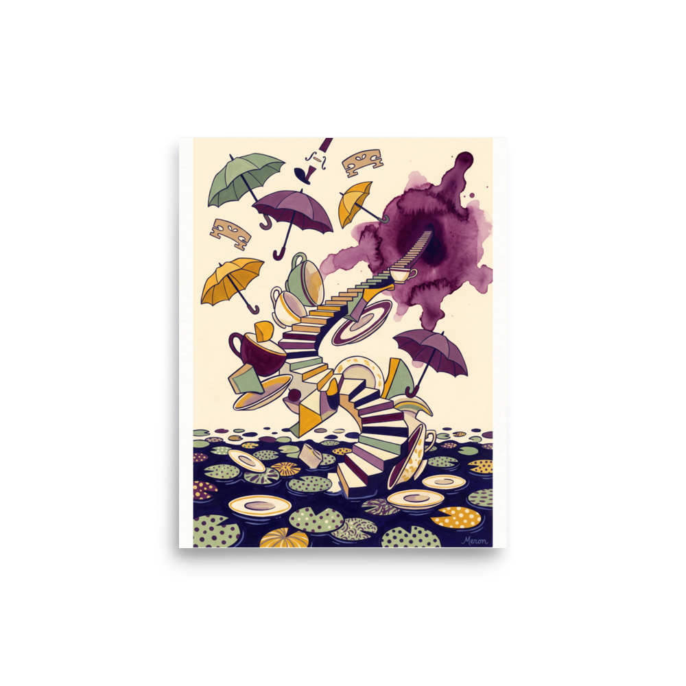Surrealism wall art, 'Tea Time Portal'. A surreal whimsical art print featuring a spiral staircase, floating umbrellas, and teacups over lily pads for a dining room or nook wall.