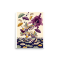 Surrealism wall art, 'Tea Time Portal'. A surreal whimsical art print featuring a spiral staircase, floating umbrellas, and teacups over lily pads for a dining room or nook wall.