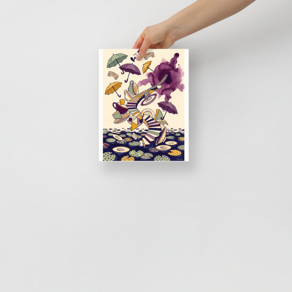 A surreal whimsical art print featuring a spiral staircase, floating umbrellas, and teacups over lily pads for a dining room or nook wall. 'Tea Time Portal', a Surrealism print for the wall.