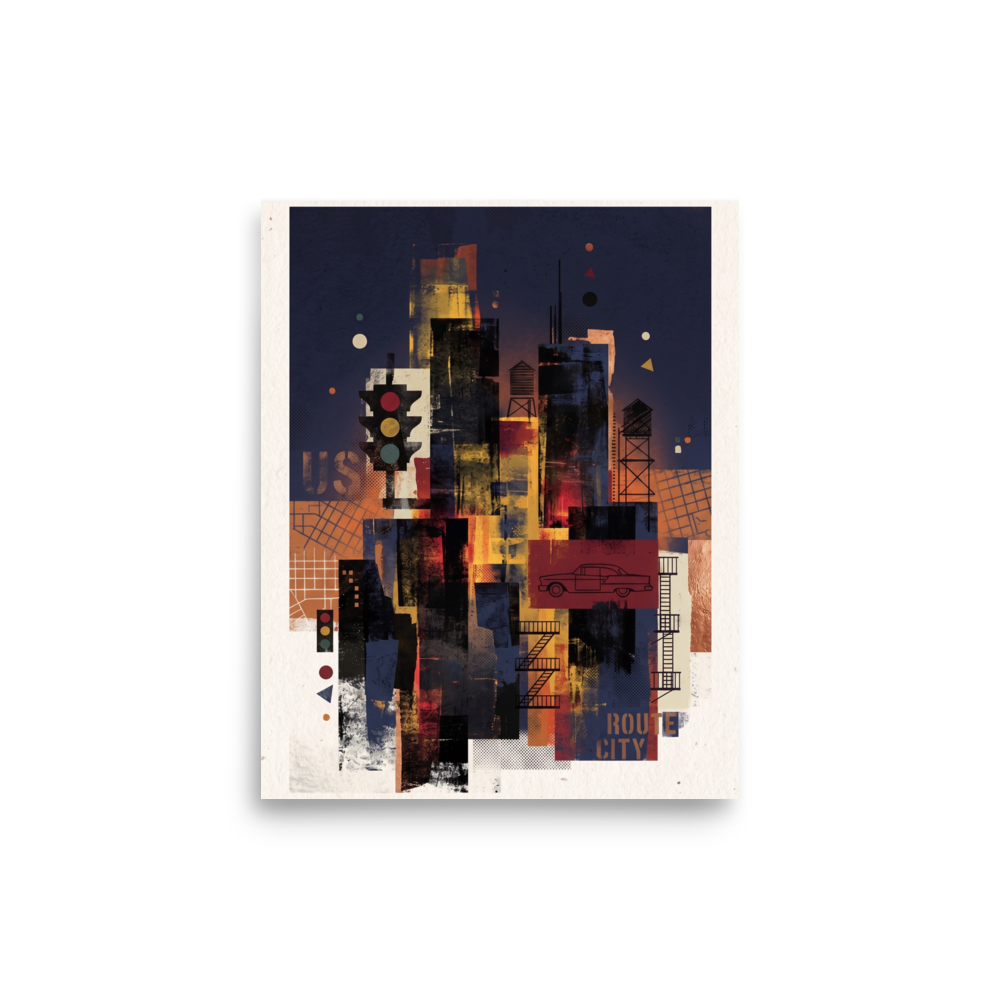 A layered urban collage featuring city skyline silhouettes, water towers, and vintage street signs against a dark sky, making a bold statement in an office. A nostalgia piece titled 'Route City Shadows'.