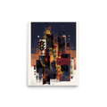 A layered urban collage featuring city skyline silhouettes, water towers, and vintage street signs against a dark sky, making a bold statement in an office. A nostalgia piece titled 'Route City Shadows'.