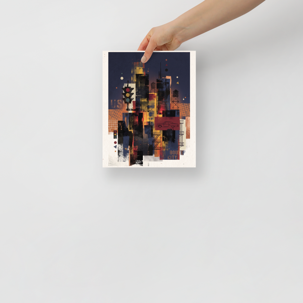 'Route City Shadows', part of Meron's Dau-al-Set wall art. A layered urban collage featuring city skyline silhouettes, water towers, and vintage street signs against a dark sky, making a bold statement in an office.