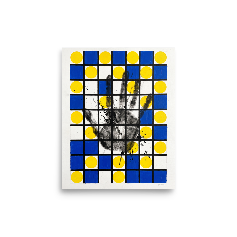 'Human Grid'. Modernist geometric grid art featuring blue squares and a handprint displayed in a studio. Offered as a De Stijl (also known as Neoplasticism) print.