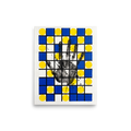 'Human Grid'. Modernist geometric grid art featuring blue squares and a handprint displayed in a studio. Offered as a De Stijl (also known as Neoplasticism) print.