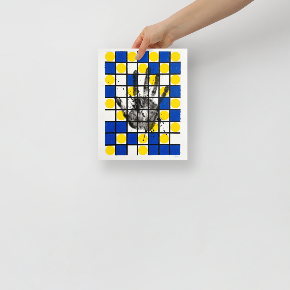 Modernist geometric grid art featuring blue squares and a handprint displayed in a studio. 'Human Grid', a De Stijl (also known as Neoplasticism) print for the wall.