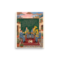 'Courtyard Serenade', a Folk art wall art print. Charming folk art illustration of a brass quartet playing music in a courtyard with a sleeping dog, ideal for a living room wall.