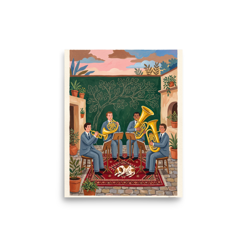 'Courtyard Serenade', a Folk art wall art print. Charming folk art illustration of a brass quartet playing music in a courtyard with a sleeping dog, ideal for a living room wall.