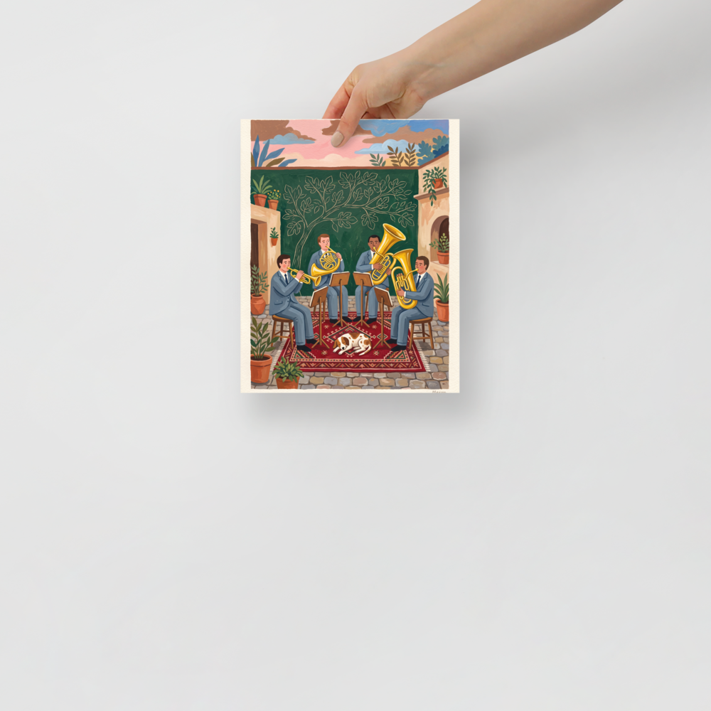 Fine art print 'Courtyard Serenade' in a Folk art style. Charming folk art illustration of a brass quartet playing music in a courtyard with a sleeping dog, ideal for a living room wall.