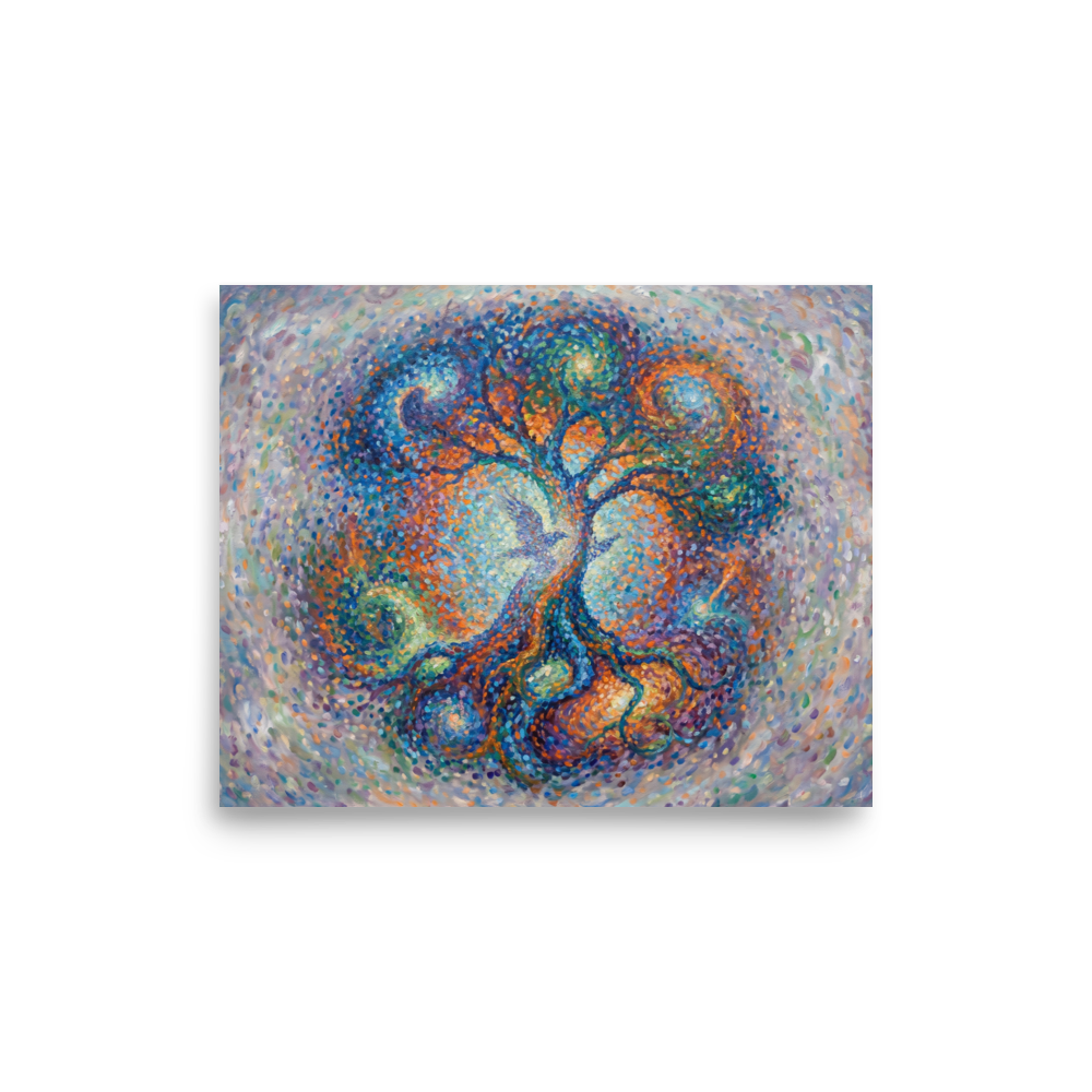 A vibrant pointillist painting of a cosmic tree with a bird in the center, ideal for a peaceful Meditation Room / Zen Space. A Pointillism print in blue and orange, 'Cosmic Roots'.