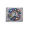 A vibrant pointillist painting of a cosmic tree with a bird in the center, ideal for a peaceful Meditation Room / Zen Space. A Pointillism print in blue and orange, 'Cosmic Roots'.