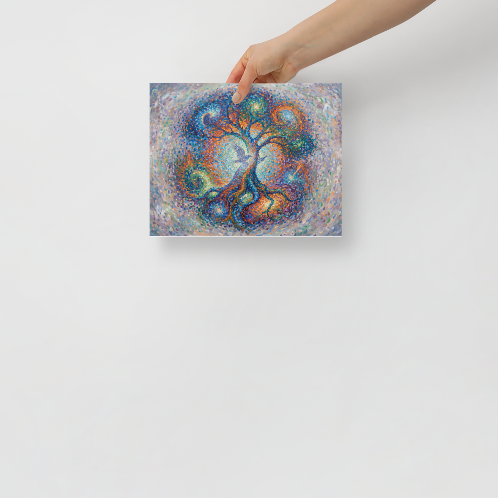 A vibrant pointillist painting of a cosmic tree with a bird in the center, ideal for a peaceful Meditation Room / Zen Space. A psychedelic / cosmic piece titled 'Cosmic Roots'.