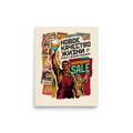 A amusement / humorous scene in crimson and tan, 'New Quality of Life'. A retro propaganda-style illustration of a heroic worker holding up an ice cream cone against vintage product labels and bold typography, ideal for a vibrant Office or Living Room.