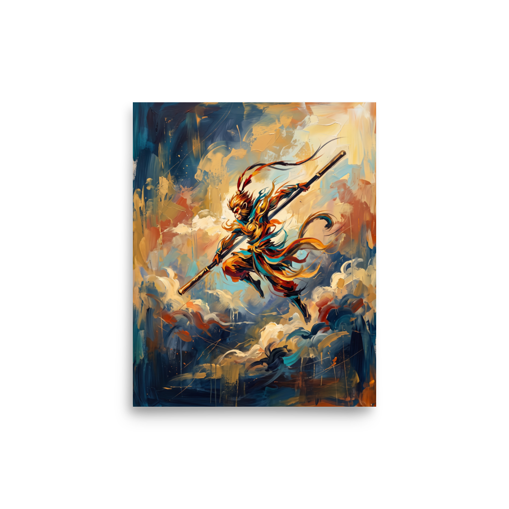 'Cloud Sovereign' by Meron. Rich impasto painting of Sun Wukong leaping through celestial clouds, suited for a living room wall. A Impressionism wall art print.