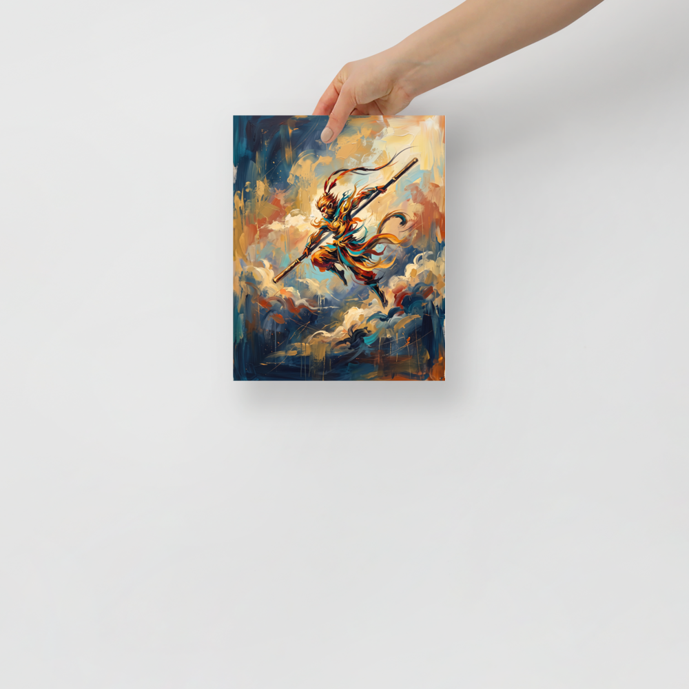 Rich impasto painting of Sun Wukong leaping through celestial clouds, suited for a living room wall. A Impressionism print in steel blue and dark orange, 'Cloud Sovereign'.