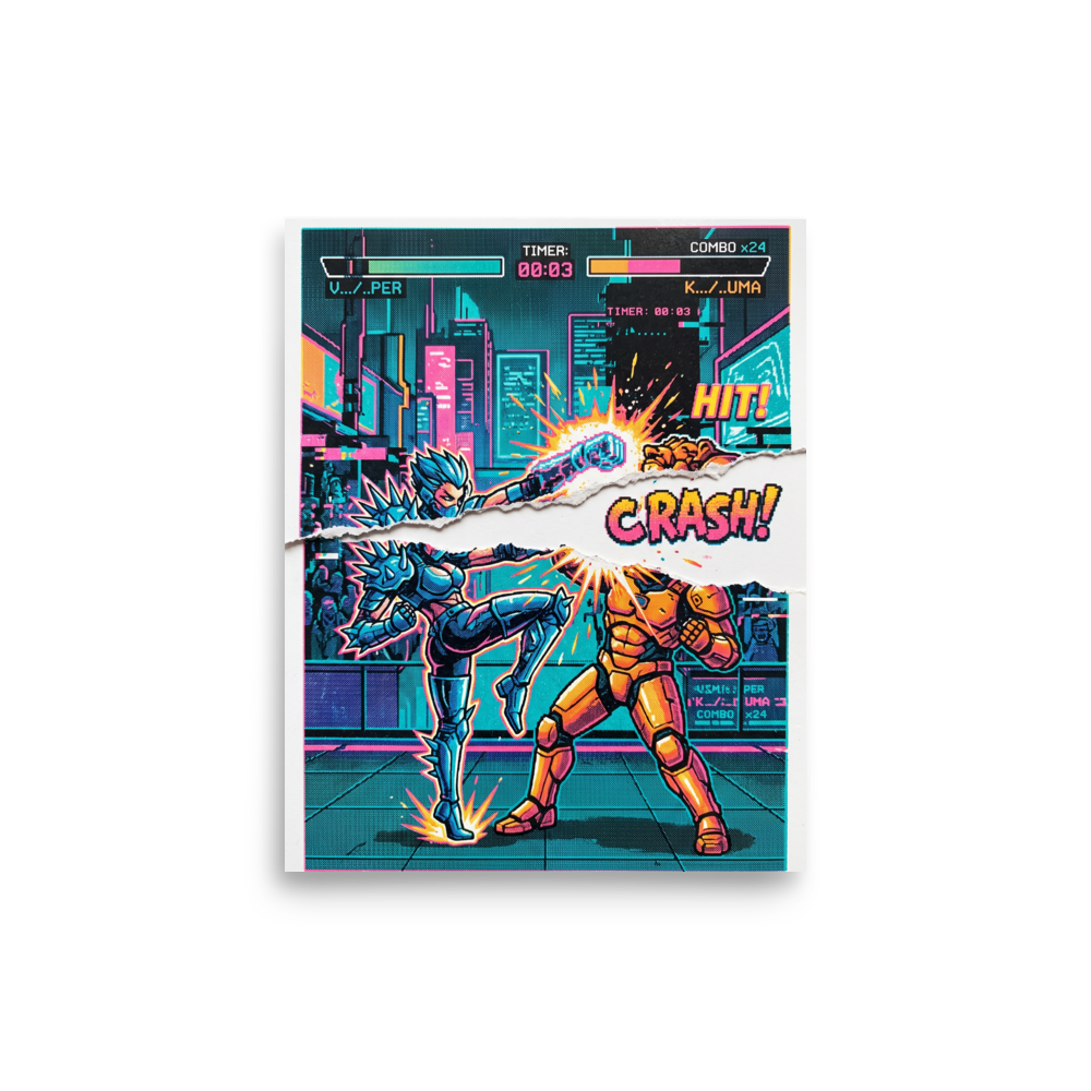 Pixel art wall art for the game room, 'Arcade Tearout: Final Combo'. Vivid pixel art print of a 90s fighting arcade video game scene with torn paper tearout design, perfect for a game room or man cave.