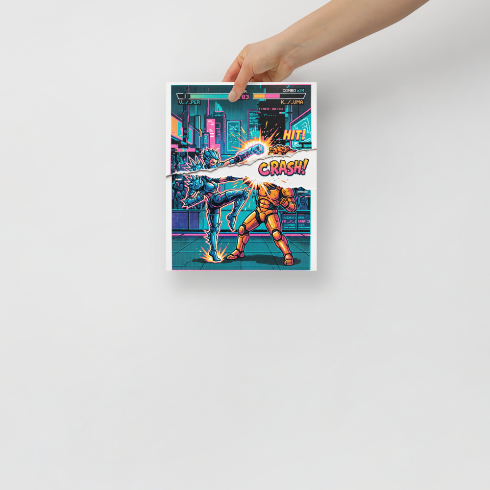 Wall art print 'Arcade Tearout: Final Combo' in a Pixel art style. Vivid pixel art print of a 90s fighting arcade video game scene with torn paper tearout design, perfect for a game room or man cave.