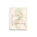 An artistic technical blueprint illustration of a Pilates reformer apparatus on vintage parchment with a fluid watercolor figure rising in soft teal and peach tones, ideal for a pilates studio or home gym. 'Blueprint for Exhalation', a Lyco art print for the wall.
