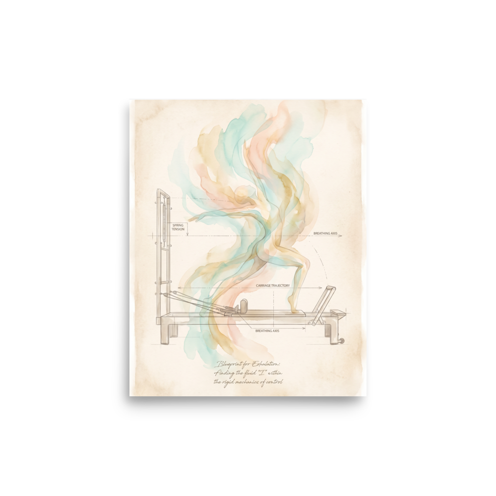 An artistic technical blueprint illustration of a Pilates reformer apparatus on vintage parchment with a fluid watercolor figure rising in soft teal and peach tones, ideal for a pilates studio or home gym. 'Blueprint for Exhalation', a Lyco art print for the wall.