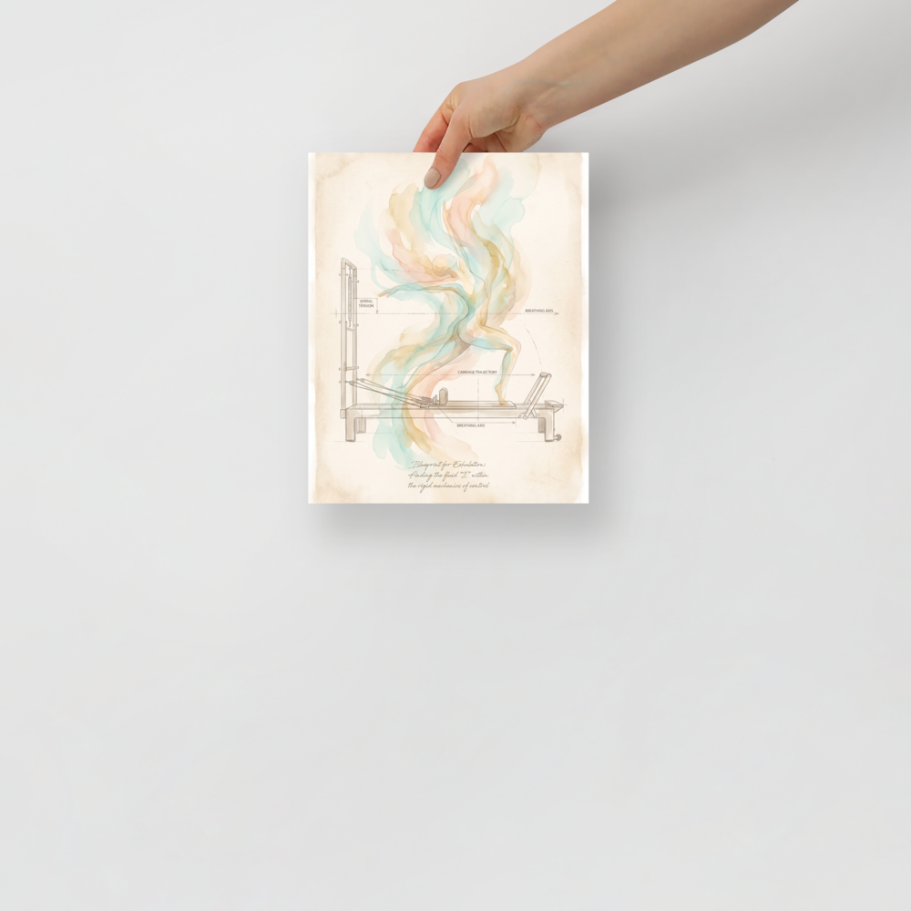 Lyco art wall art exploring spirituality, 'Blueprint for Exhalation'. An artistic technical blueprint illustration of a Pilates reformer apparatus on vintage parchment with a fluid watercolor figure rising in soft teal and peach tones, ideal for a pilates studio or home gym.