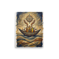 An oil painting of figures in a patterned boat beneath large hands holding a glowing compass rose, evoking hope and guidance for a living room or study. Shown here as the Symbolism print 'Voyage of the Guiding Sun'.