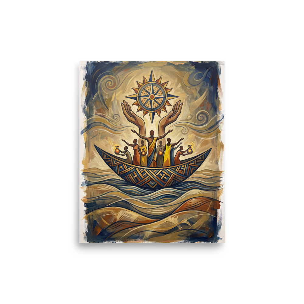 An oil painting of figures in a patterned boat beneath large hands holding a glowing compass rose, evoking hope and guidance for a living room or study. Shown here as the Symbolism print 'Voyage of the Guiding Sun'.