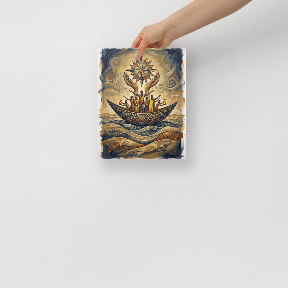 Symbolism wall art, 'Voyage of the Guiding Sun'. An oil painting of figures in a patterned boat beneath large hands holding a glowing compass rose, evoking hope and guidance for a living room or study.