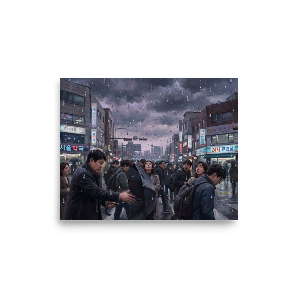 Wall art print 'Sudden Downpour in Seoul' in a Realism style. A bustling rainy Seoul street with commuters holding umbrellas under heavy falling raindrops in a modern office.