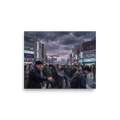 Wall art print 'Sudden Downpour in Seoul' in a Realism style. A bustling rainy Seoul street with commuters holding umbrellas under heavy falling raindrops in a modern office.