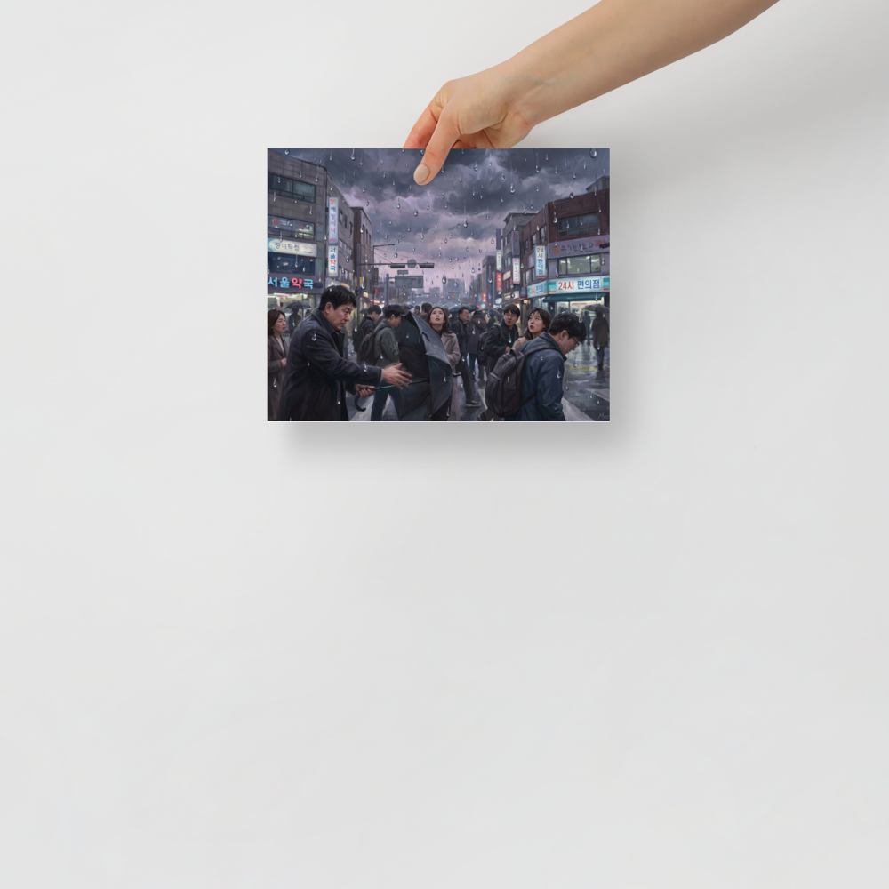 'Sudden Downpour in Seoul', Realism wall art in slate gray and dim gray. A bustling rainy Seoul street with commuters holding umbrellas under heavy falling raindrops in a modern office.