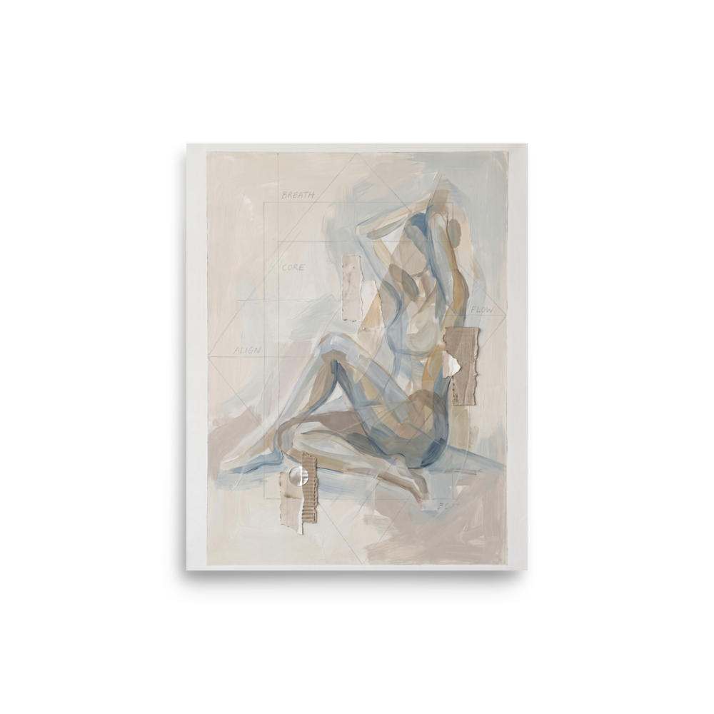 A serene mixed media figure painting in muted blue and beige with torn paper collage elements and the words breath, core, align, and flow, perfect for a calming living room or meditation room. A calmness piece titled 'Breath and Alignment'.