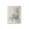 A serene mixed media figure painting in muted blue and beige with torn paper collage elements and the words breath, core, align, and flow, perfect for a calming living room or meditation room. A calmness piece titled 'Breath and Alignment'.