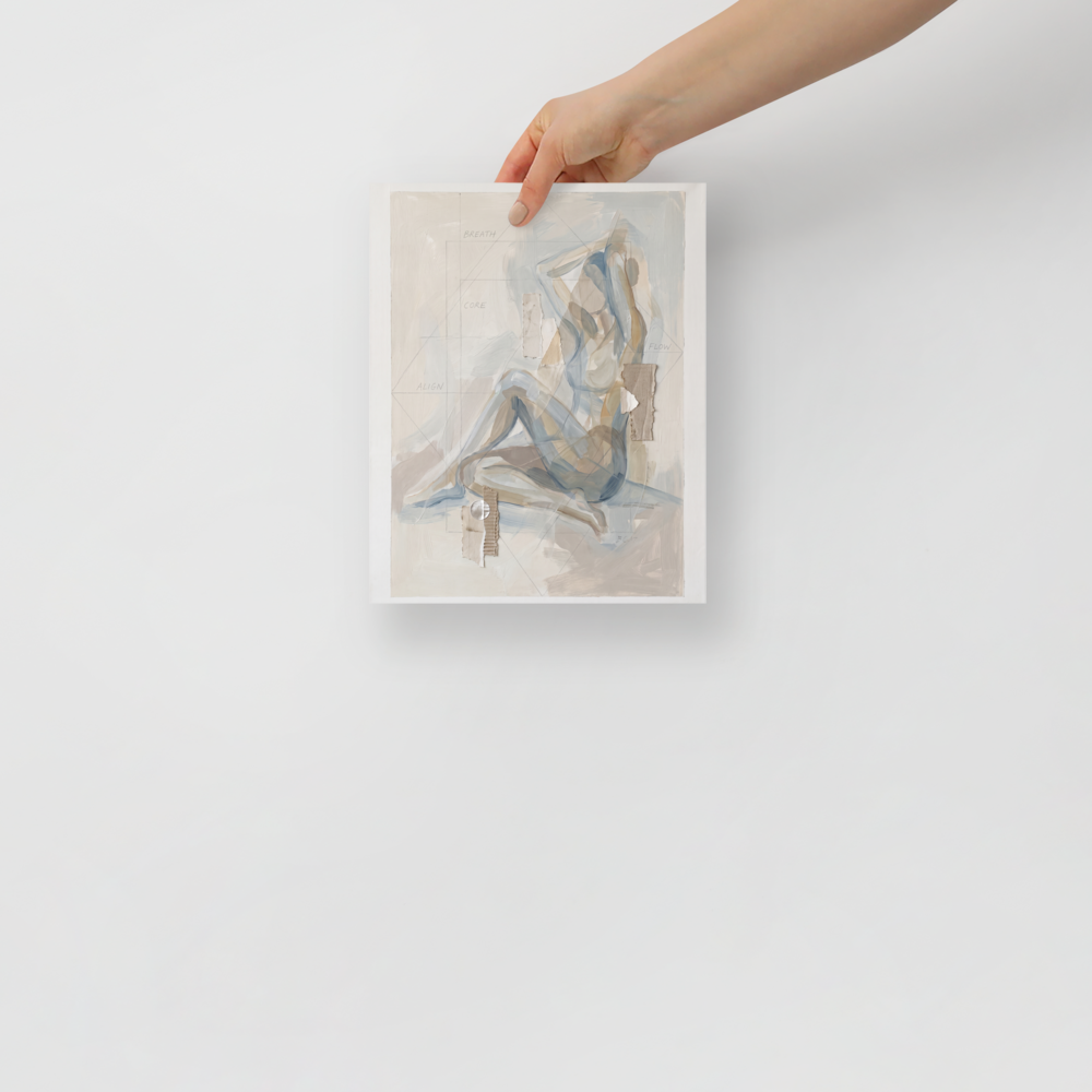 The Lyco art print 'Breath and Alignment'. A serene mixed media figure painting in muted blue and beige with torn paper collage elements and the words breath, core, align, and flow, perfect for a calming living room or meditation room.