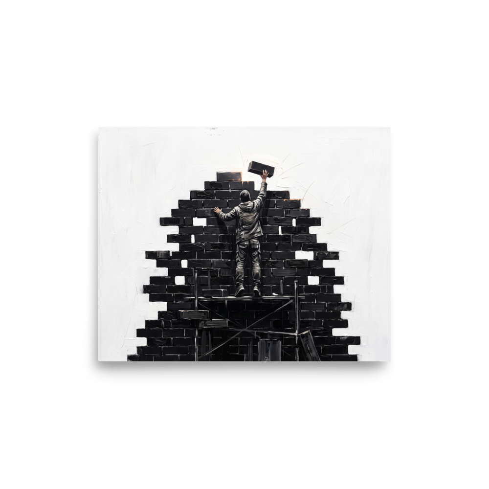 Monochrome street art painting of a figure building a brick wall on scaffolding for office wall art. A Street art print in black and white, 'Brick by Brick'.