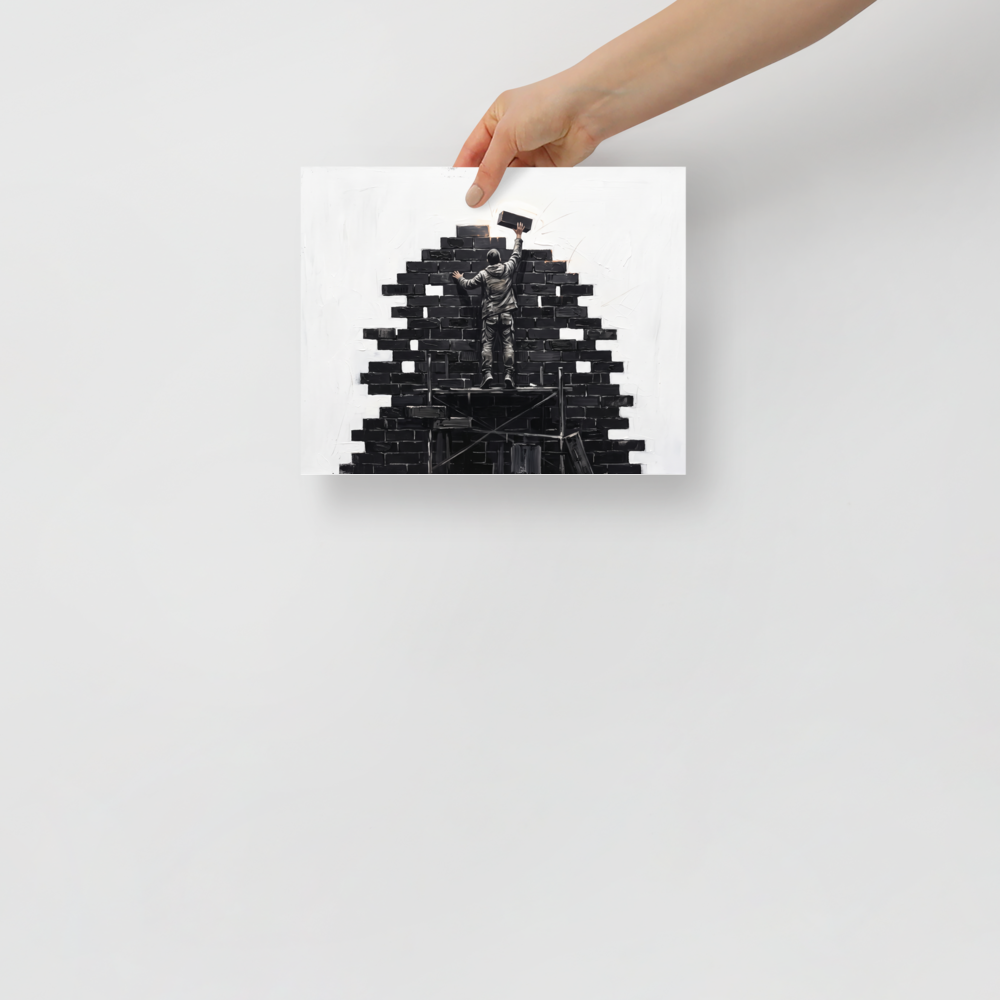 Monochrome street art painting of a figure building a brick wall on scaffolding for office wall art. Available as the Street art art print 'Brick by Brick'.