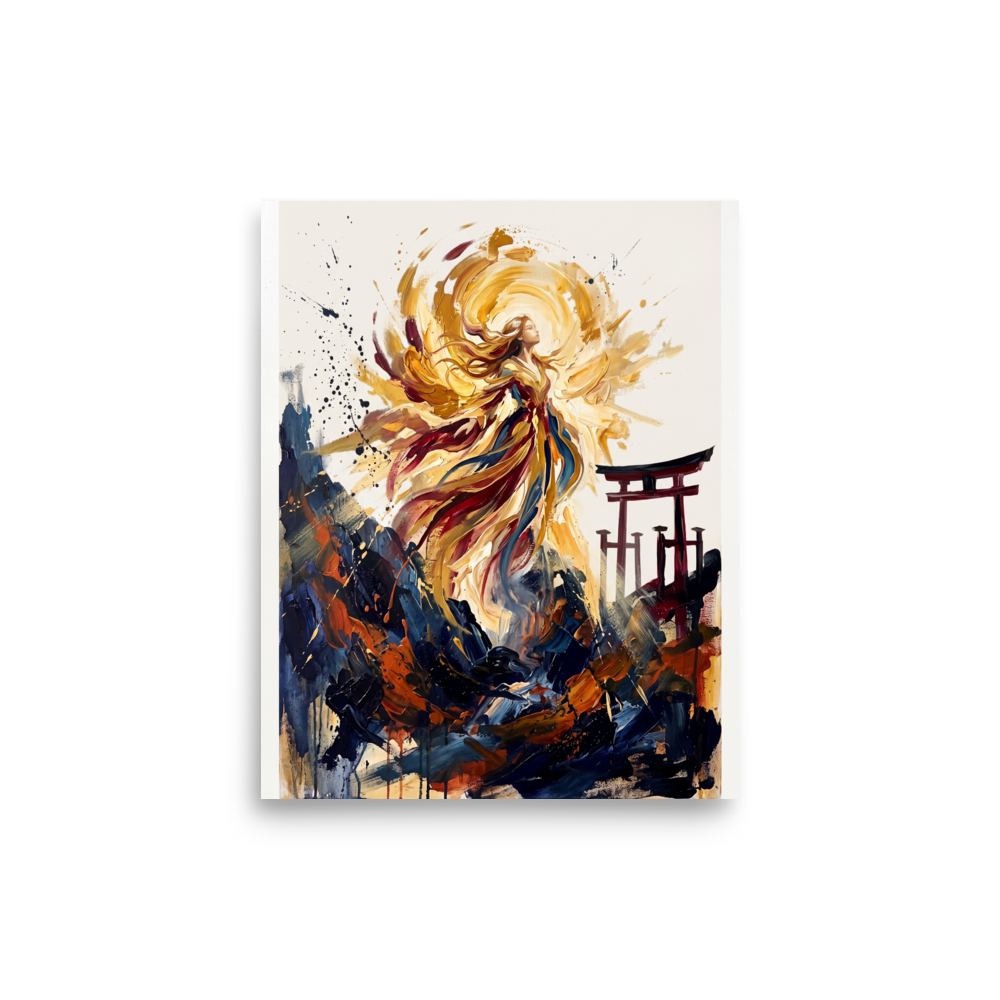 A wonder / awe Expressionism print, 'Amaterasu Awakening'. Expressive oil painting of Japanese sun goddess Amaterasu ascending in golden light near a Torii gate, framed by dark rocks for living room art.