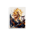 A wonder / awe Expressionism print, 'Amaterasu Awakening'. Expressive oil painting of Japanese sun goddess Amaterasu ascending in golden light near a Torii gate, framed by dark rocks for living room art.