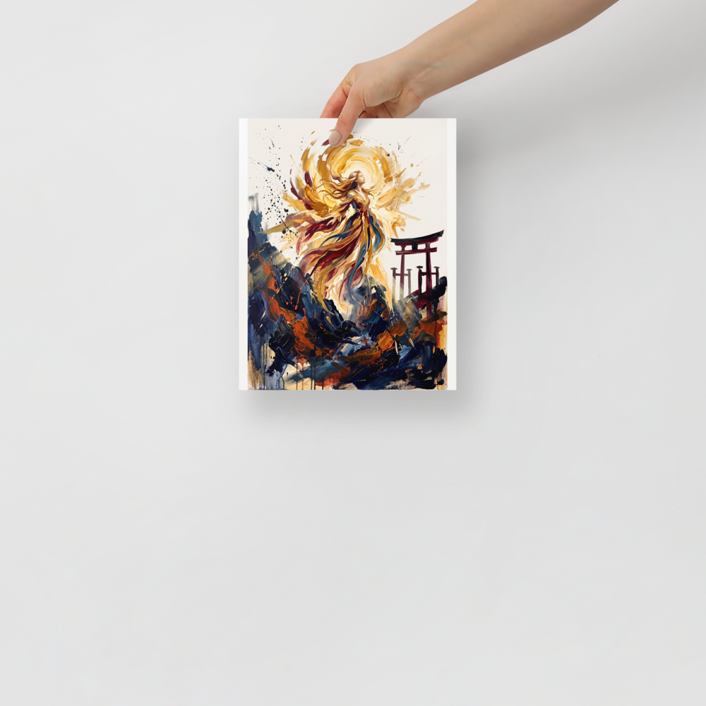 Wall art print 'Amaterasu Awakening' in a Expressionism style. Expressive oil painting of Japanese sun goddess Amaterasu ascending in golden light near a Torii gate, framed by dark rocks for living room art.