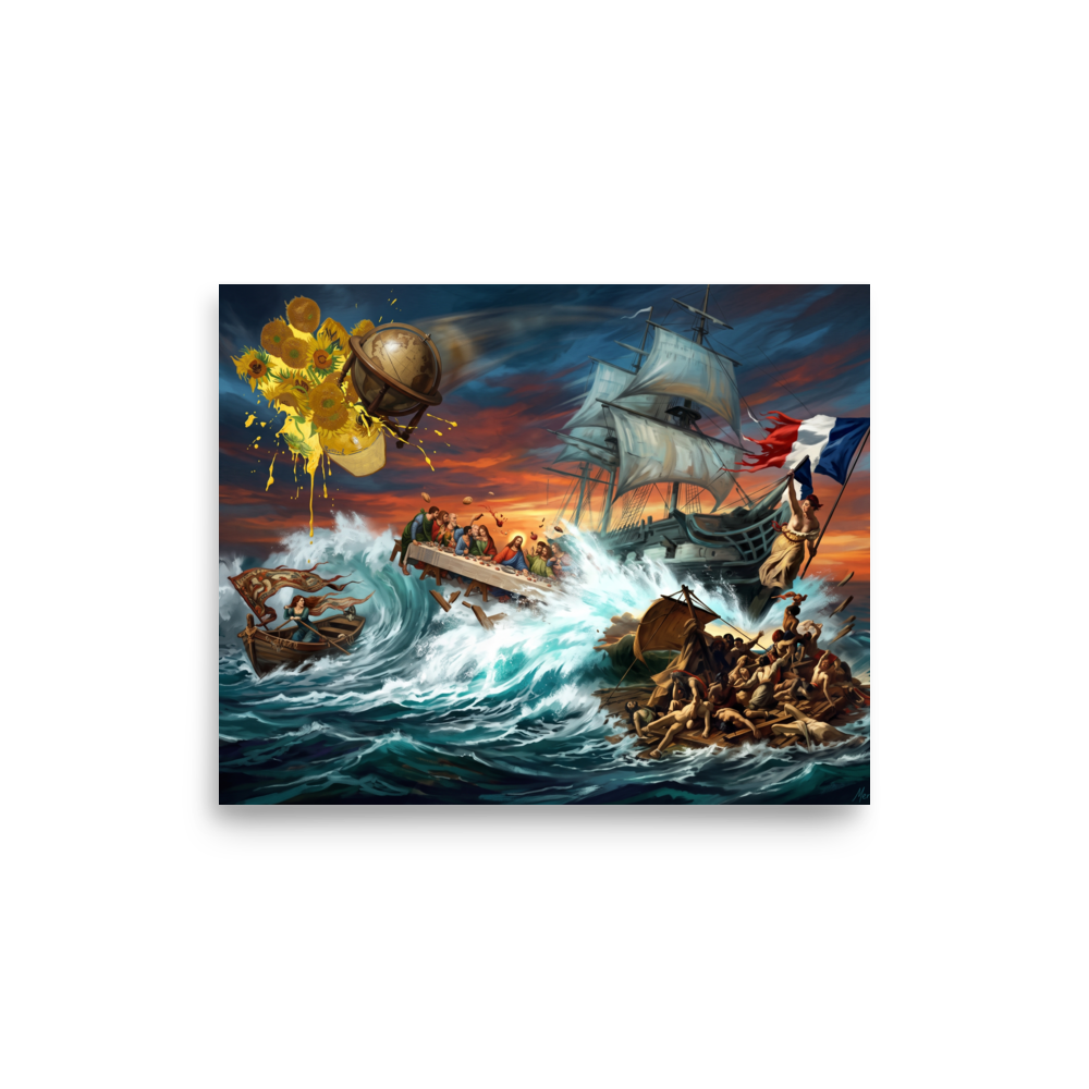 An epic oceanic pop art illustration depicting Da Vinci's Last Supper floating in stormy teal waves alongside Delacroix's Liberty, ideal for a living room. A Pop art art print titled 'Tempest of Art'.