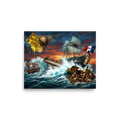 An epic oceanic pop art illustration depicting Da Vinci's Last Supper floating in stormy teal waves alongside Delacroix's Liberty, ideal for a living room. A Pop art art print titled 'Tempest of Art'.