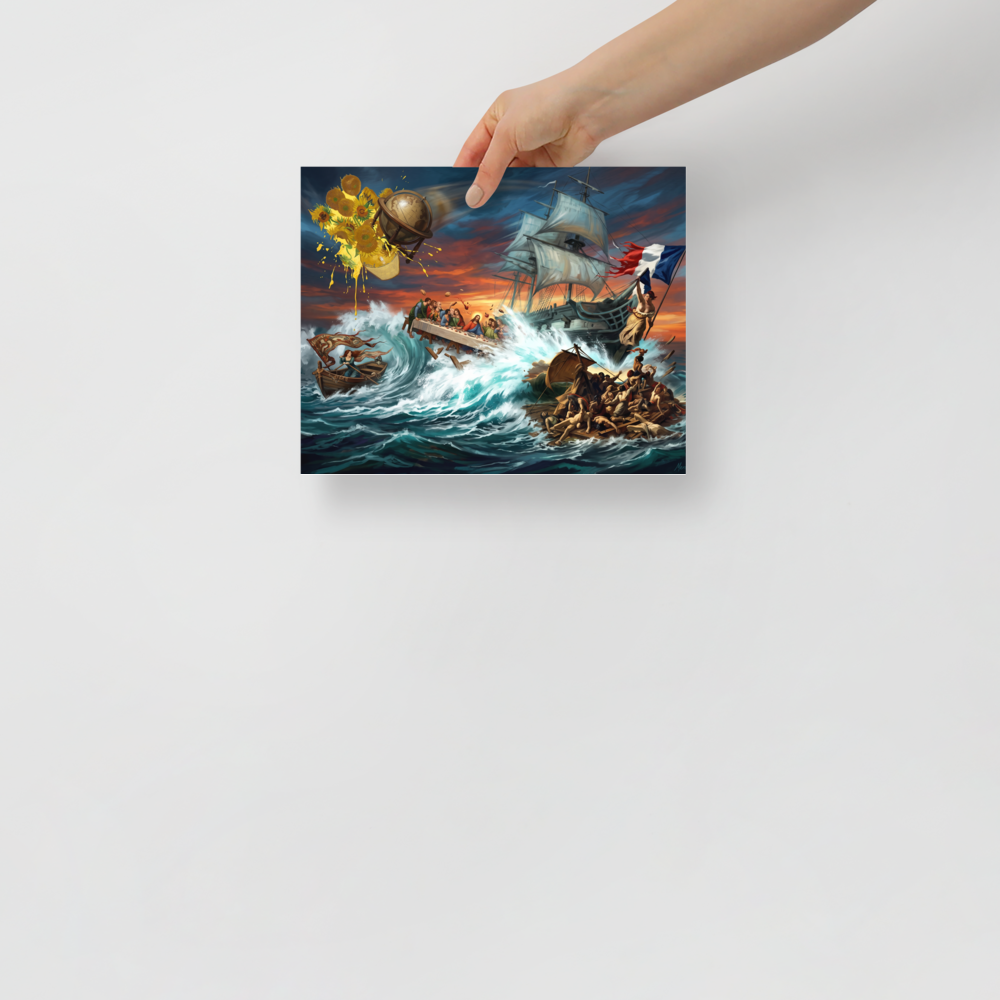 An epic oceanic pop art illustration depicting Da Vinci's Last Supper floating in stormy teal waves alongside Delacroix's Liberty, ideal for a living room. Available as the Pop art art print 'Tempest of Art'.