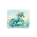 Fine art print 'Wave Runner' in a Impressionism style. A vibrant impasto painting of a colorful celestial horse running through turquoise sea waves in a living room.