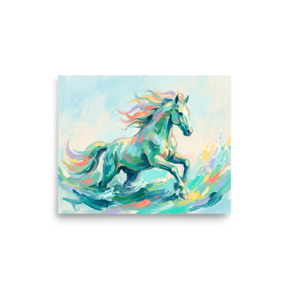 Fine art print 'Wave Runner' in a Impressionism style. A vibrant impasto painting of a colorful celestial horse running through turquoise sea waves in a living room.