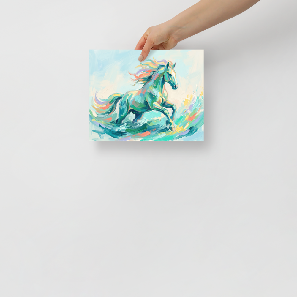 Impressionism wall art exploring mythology, 'Wave Runner'. A vibrant impasto painting of a colorful celestial horse running through turquoise sea waves in a living room.