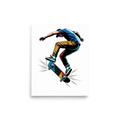 Pop art wall art, 'Kickflip in Motion'. A dynamic pop art vector illustration of a skateboarder performing a kickflip in mid-air in a game room.