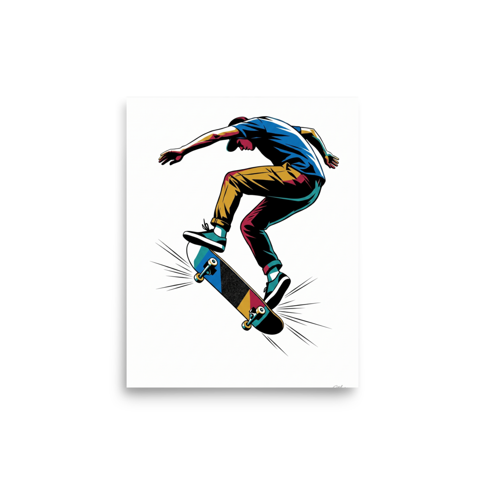 Pop art wall art, 'Kickflip in Motion'. A dynamic pop art vector illustration of a skateboarder performing a kickflip in mid-air in a game room.
