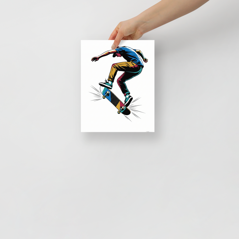 Pop art wall art, 'Kickflip in Motion'. A dynamic pop art vector illustration of a skateboarder performing a kickflip in mid-air in a game room.
