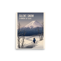 'Silent Snow'. A lone traveler walks along a snowy path toward Mount Fuji under typography reading Silent Snow, ideal for a bedroom. Offered as a Shin hanga print.